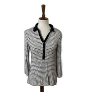 Ann Taylor Black White Striped Preppy Blouse Medium Gold Buttons Classic Stripes